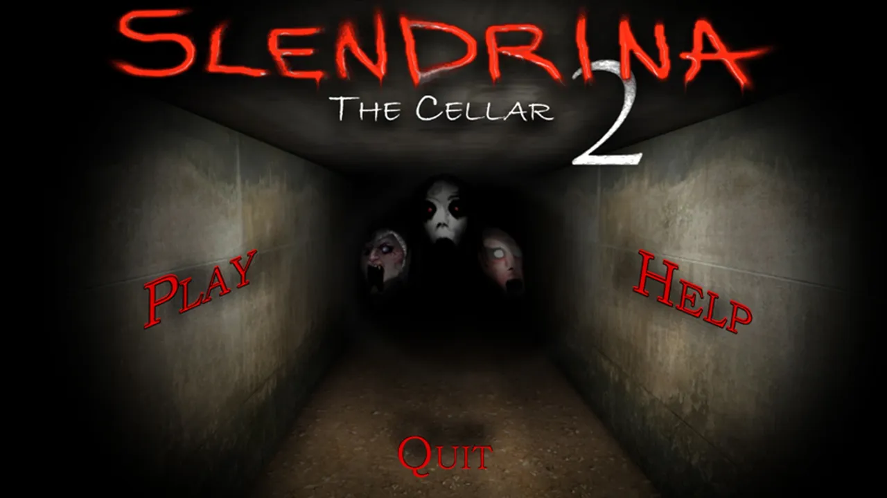 Slendrina: The Cellar 2 title screen: the pale faces of Slendrina, her mother and her baby float in a dark cellar corridor