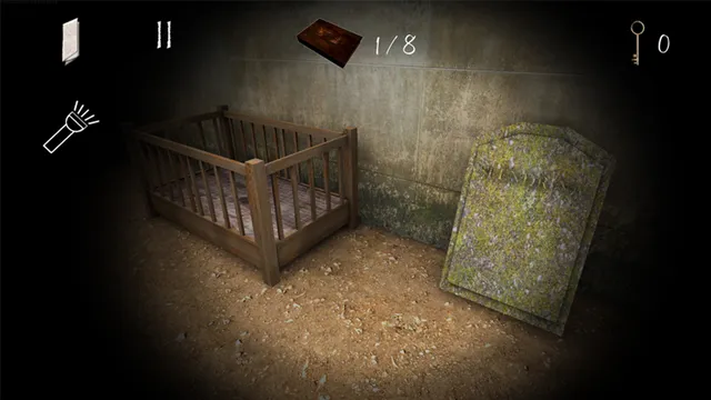 Slendrina: The Cellar 2 screenshot: an empty wooden crib next to a mossy gravestone in the flashlight