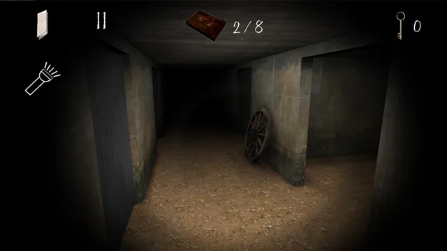 Slendrina: The Cellar 2 screenshot: a dim concrete corridor with a dirt floor and an old wagon wheel against the wall