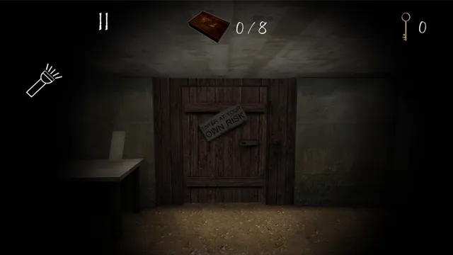 Slendrina: The Cellar 2 screenshot: a wooden cellar door with an enter at your own risk sign beside a small table