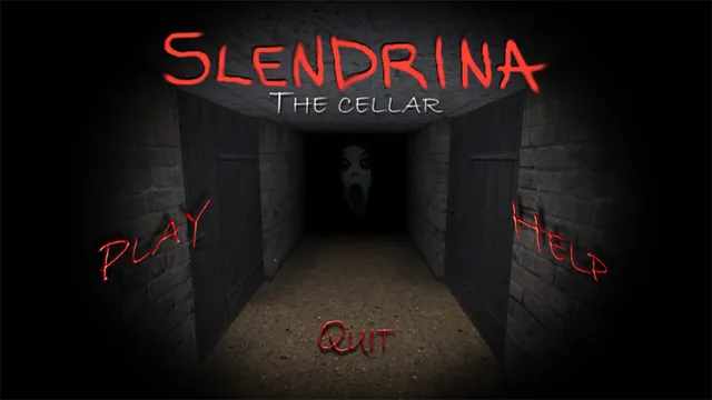 Slendrina: The Cellar title screen: a pale face in a dark stone corridor between wooden doors, with Play, Help and Quit written in red