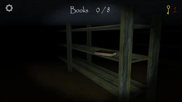 Slendrina: The Cellar screenshot: a red book on a wooden shelf in the dark