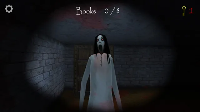 Slendrina: The Cellar screenshot: Slendrina, a pale woman in a white dress with long black hair and dark eyes, in the flashlight beam; the counter reads Books 0/8