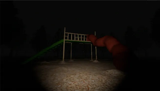Slide in the Woods screenshot: a torch beam on wood chips and a playground frame with a green ladder and a red tube slide among dark trees