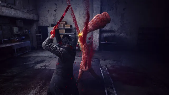 Slitterhead screenshot: a man swings a blade of blood at a flayed red monster in a grimy concrete storeroom