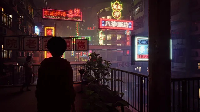 Slitterhead screenshot: a hooded figure in silhouette on a balcony looks out over Kowlong's glowing neon signs at night