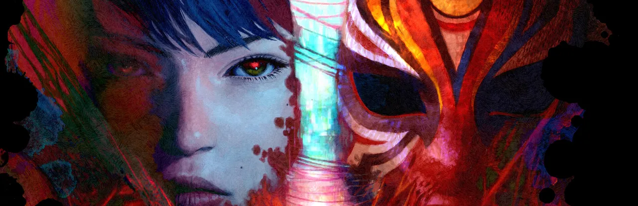 Slitterhead key art: a young woman's face with one red-tinged eye beside a striped tiger-like mask, in splashes of red paint