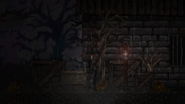 Slumber screenshot: a rain-soaked stone prison wall at night with a lantern, dead trees and a figure in the gloom