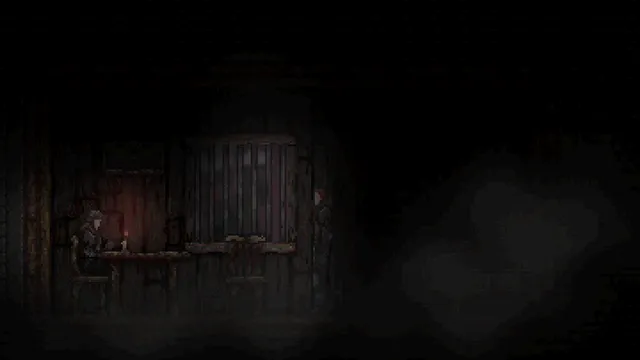 Slumber screenshot: a dark room lit by a candle, with a figure seated at a table