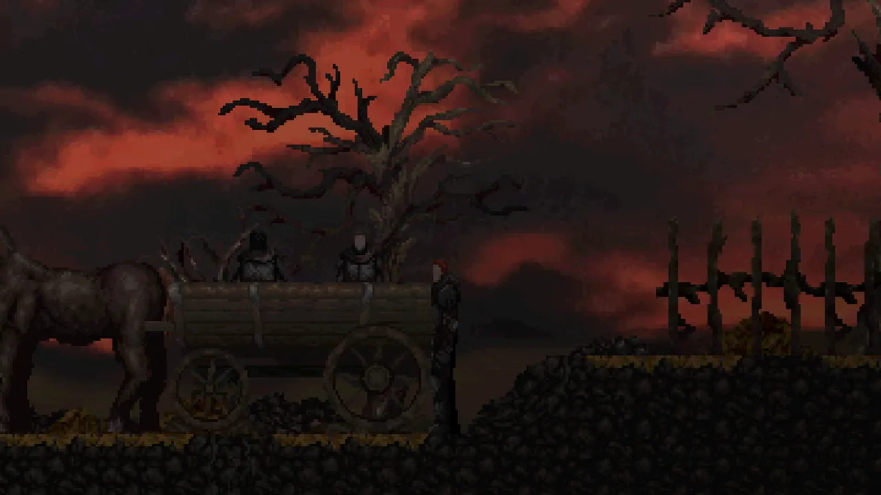 Slumber screenshot: a horse-drawn cart with figures on it crosses a hill of dead trees under a blood-red sky