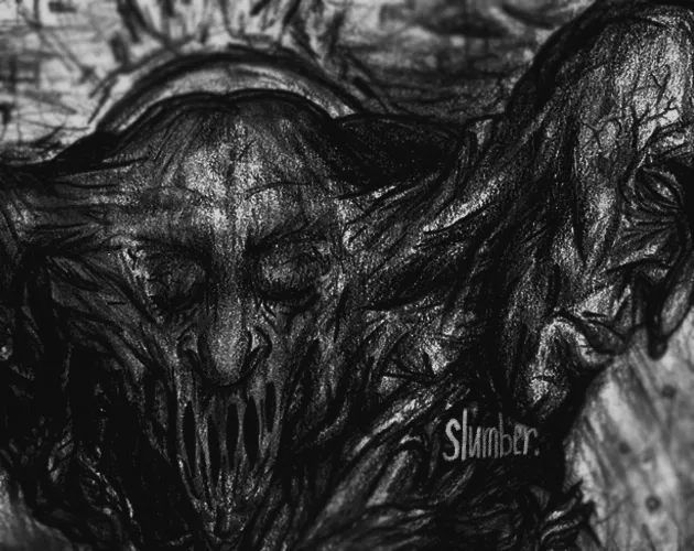 Slumber cover: a charcoal drawing of a gaunt monster with a gaping, toothed mouth and the word slumber