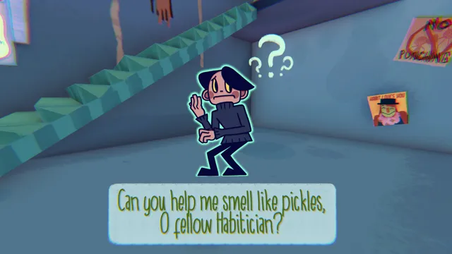 Smile For Me screenshot: a worried man in black by a staircase asks if you can help him smell like pickles