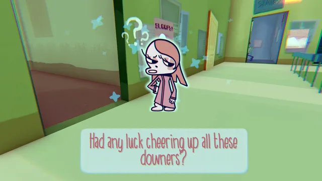 Smile For Me screenshot: a sleepy resident in a pink robe in a green corridor asks if you have had any luck cheering up the downers