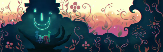 Smile For Me key art: a huge dark tree with a glowing grin and stars for eyes looms over tiny figures, framed by swirling flowers