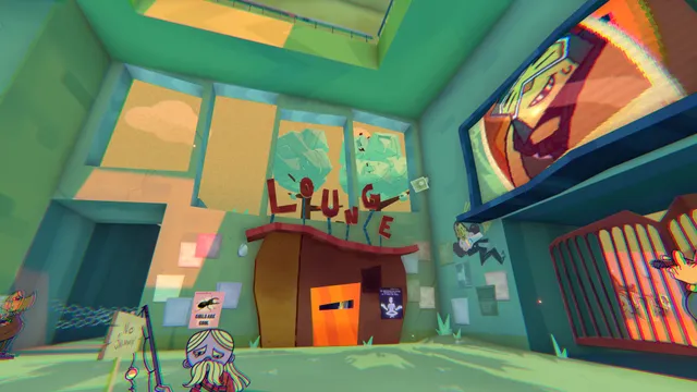 Smile For Me screenshot: the Habitat's lounge, a bright room of tilted walls, posters and a giant TV with a grinning face