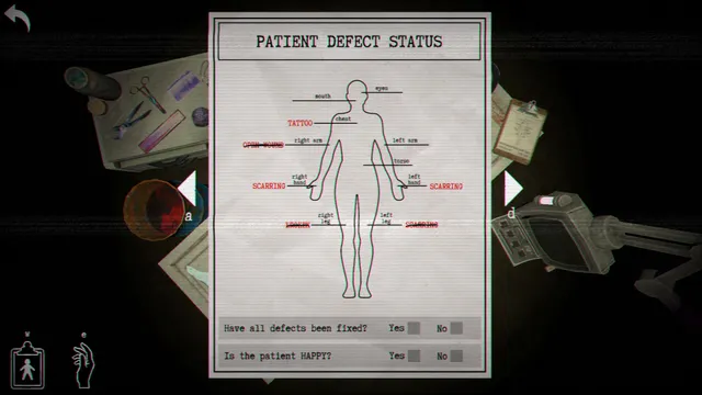 The Patient Defect Status sheet with a body diagram and boxes asking whether the patient is happy