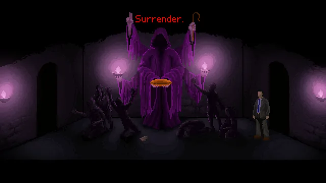 A robed figure lit violet raises its arms over kneeling shapes in a crypt and says Surrender, as a detective watches