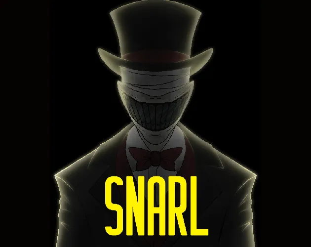 Snarl cover: a figure in a top hat with a bandaged face and a huge white grin, over yellow title letters