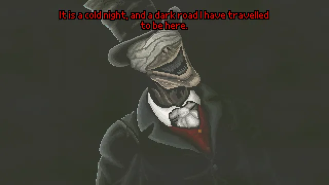 Close-up of the gray man, a grinning, wrinkled face under a top hat: It is a cold night, and a dark road I have travelled to be here