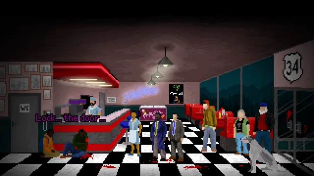 A 1970s diner with a checkered floor, injured people slumped by the counter and blood on the tiles as someone says Lock the door