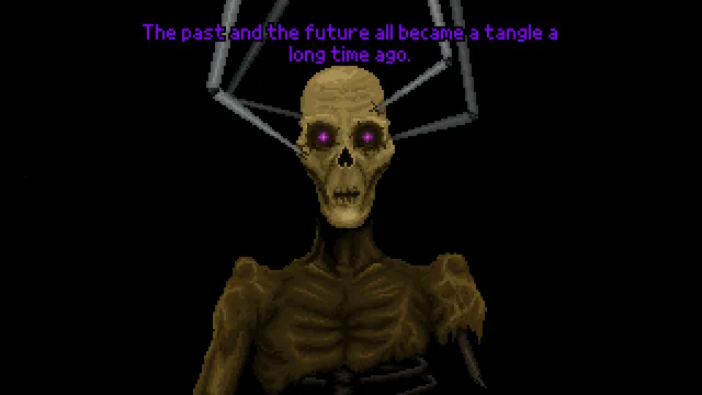 A withered skeletal figure with glowing eyes and metal rods in its head: The past and the future all became a tangle