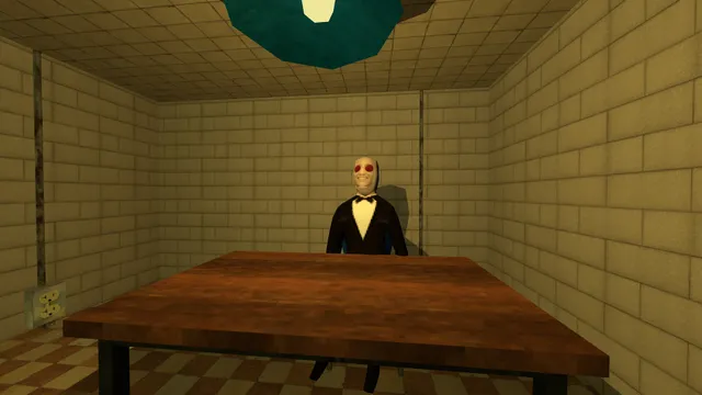 A man in a bow tie and a pale mask sits at a table in a bare interrogation room