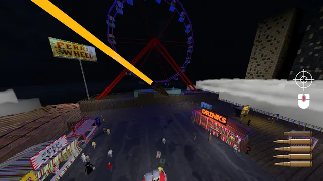 A rifle's aim line falls on a crowded night carnival beside a Ferris wheel, in low-poly 3D