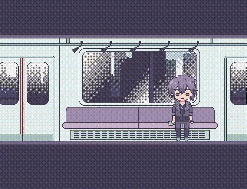 Sofia? screenshot: a character sitting alone on a train seat with a city skyline in the windows