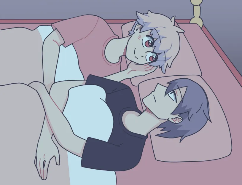 Sofia? illustration: two young men lying together in bed, one with white hair resting his hand on the other's cheek