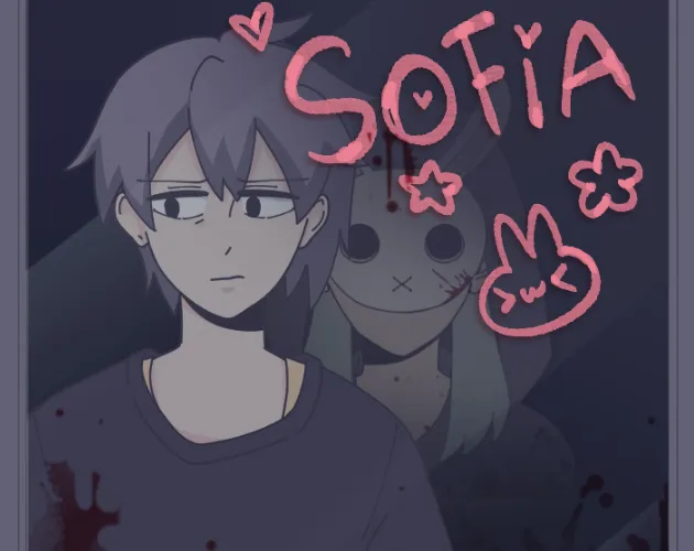 Sofia? cover: a dark-haired young man glances sideways while a pale masked figure smeared with blood stands behind him, the title written in pink
