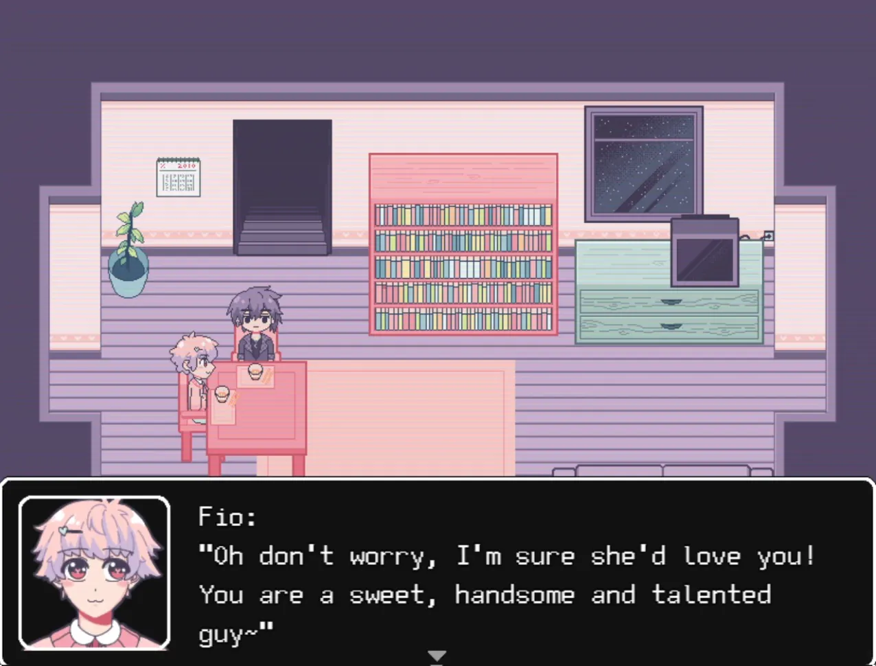 Sofia? screenshot: two characters in a pastel pixel-art living room as Fio says she would love you