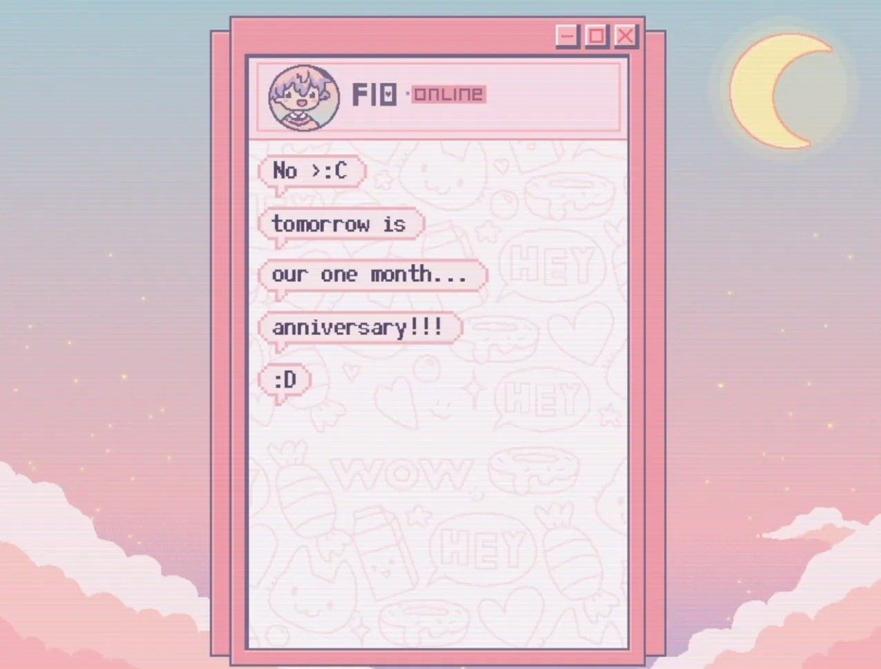 Sofia? screenshot: a pink chat window from Fio saying tomorrow is their one month anniversary, under a crescent moon