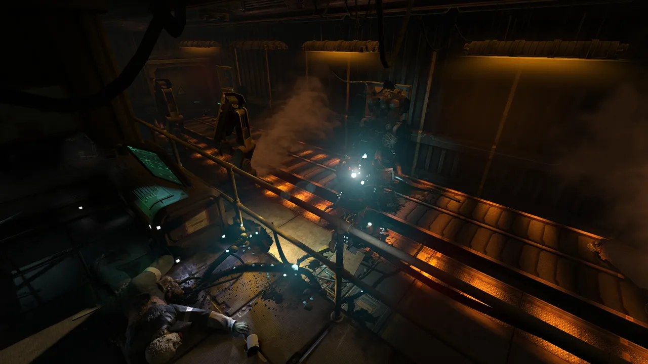 SOMA screenshot: a wrecked, smoky station corridor lit orange, with a body slumped on the floor and machines in the gloom