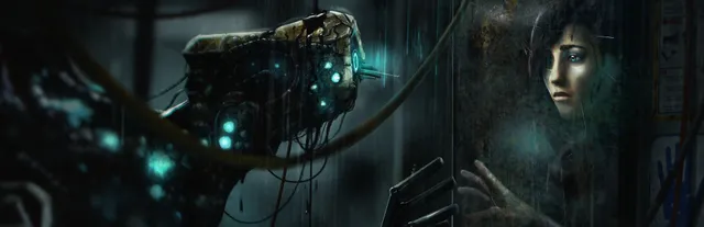 SOMA key art: a battered diving-suit robot with glowing lights beside a woman's face pressed to a wet glass window