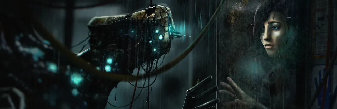 SOMA key art: a battered diving-suit robot with glowing lights beside a woman's face pressed to a wet glass window