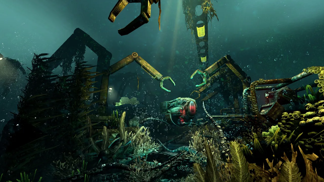SOMA screenshot: rusted mechanical arms and claws overgrown with coral and kelp on the dark sea floor