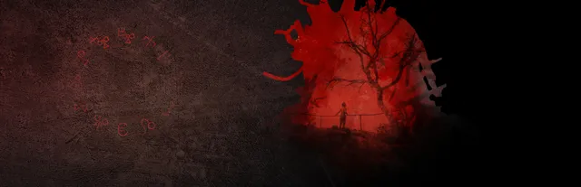 Someday You'll Return key art: a small figure standing by a railing under a bare tree inside a red splash, strange symbols on a dark wall