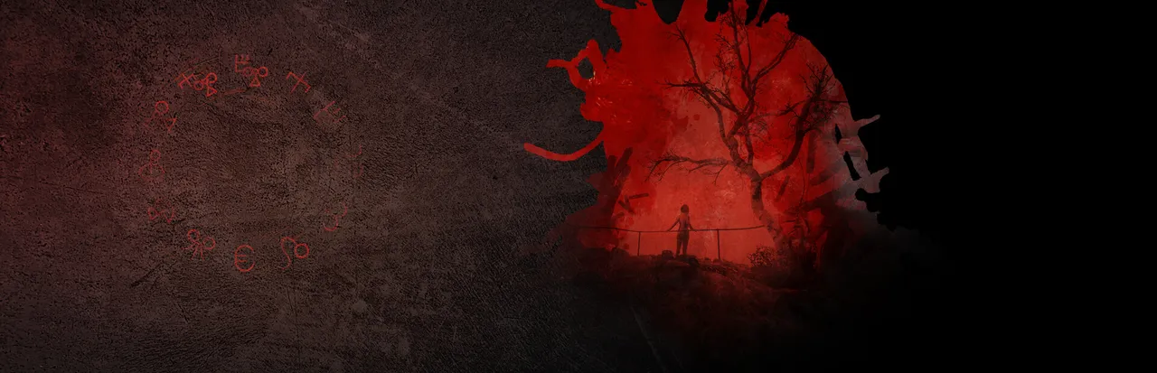 Someday You'll Return key art: a small figure standing by a railing under a bare tree inside a red splash, strange symbols on a dark wall