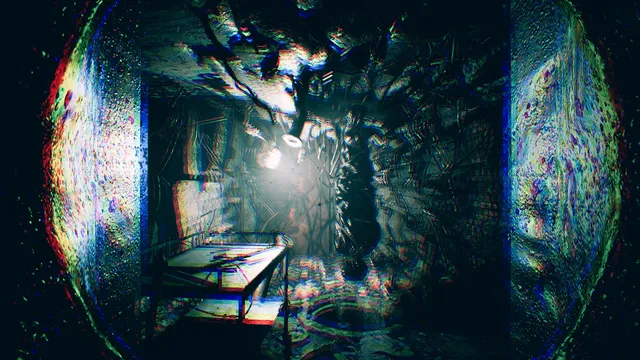 A distorted, glitching room overgrown with roots around a medical bed