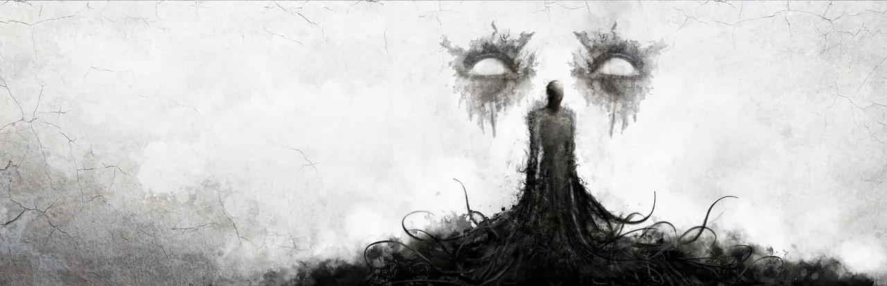 Song of Horror key art: a dark robed figure with roots spreading below and two huge ink-smeared eyes above it on a pale wall