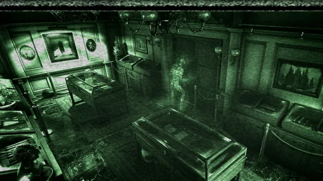 Song of Horror screenshot: a green, grainy fixed-camera view of an antique shop with glass cases and a figure among them