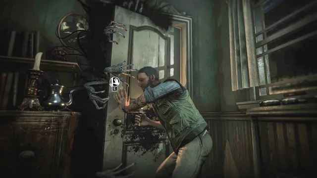 Song of Horror screenshot: a man braces a door shut while black clawed hands reach through the gap