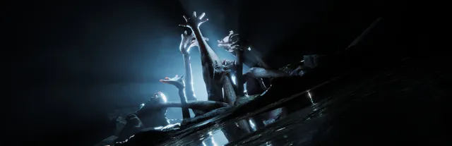 Sons Of The Forest key art: a pale mass of reaching human arms and bodies rises out of a dark cave, lit in blue