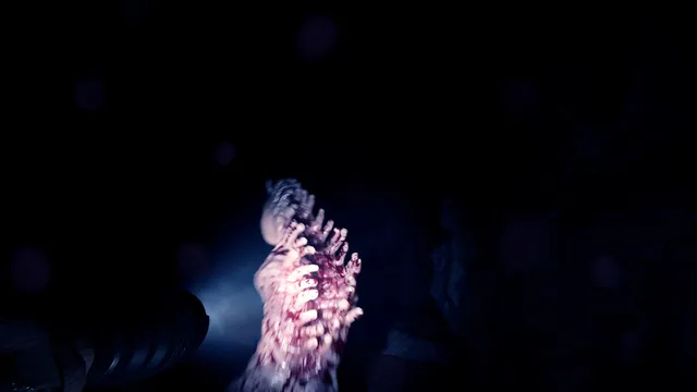 Sons Of The Forest screenshot: a pale, many-limbed mutant lit by a torch beam in a dark cave