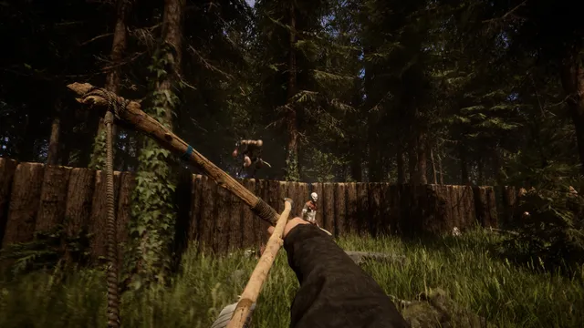 Sons Of The Forest screenshot: cannibals come over a log wall as the player holds a crafted weapon in a forest