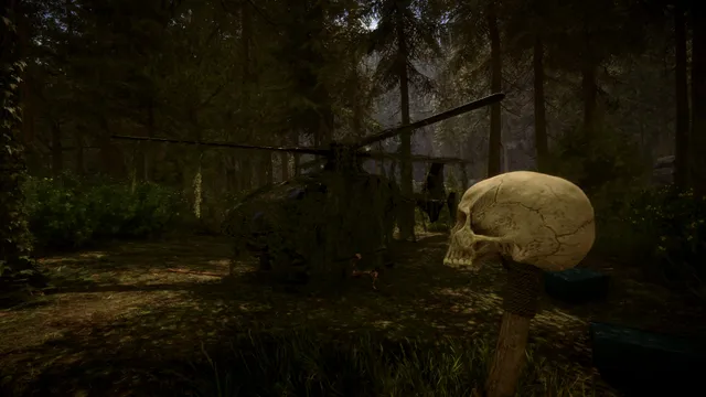 Sons Of The Forest screenshot: a skull on a stake in front of a crashed helicopter in the woods