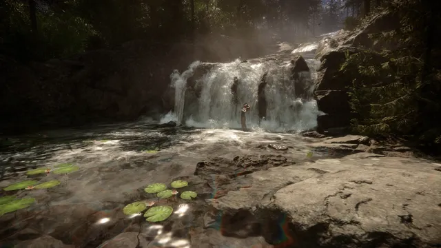 Sons Of The Forest screenshot: a waterfall in a sunlit forest with a figure standing under it
