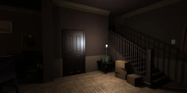 A dim hallway by the stairs, lit by one generator lamp beside stacked boxes