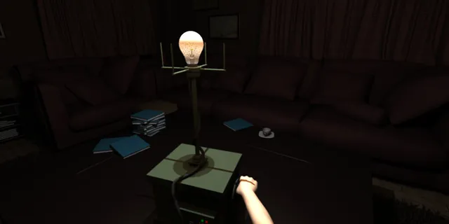 First-person view cranking a generator whose bulb lights a dark living room