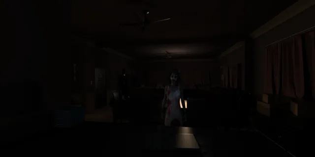 A pale girl in a bloodied nightgown standing in the dark living room